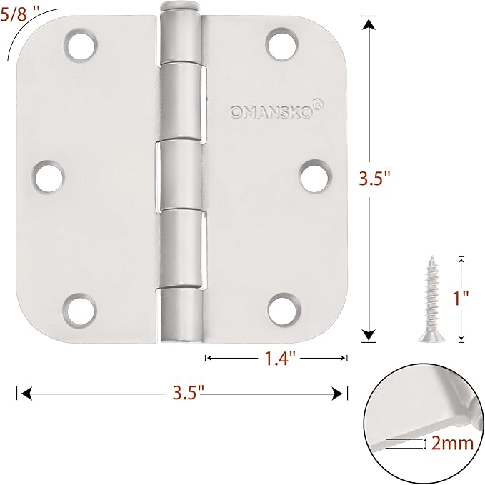 30 Pack Door Hinges, 3.5 x 3.5 Inch White Hinges for Wood 5/8'' Radius Corners Interior Door Hinges, 3 1/2 Inch Hinges for Residential Doors