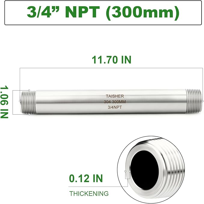 TAISHER 2PCS Stainless Steel Pipe Fittings, 3/4" NPT Male x 3/4" NPT Male Threaded, 12" Length Thickened Nipple Cast Pipe