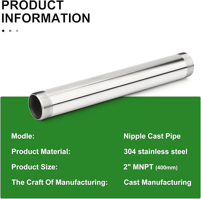 TAISHER 1PCS Stainless Steel Pipe Fittings, 2" NPT Male x 2" NPT Male Threaded, 16" Length Nipple Cast Pipe