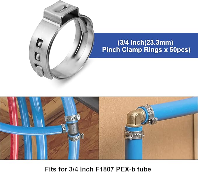 (Pack of 50) WMAXPFIT PEX Cinch Clamp Rings 3/4 Inch, STAY PUT Stainless Steel PEX Crimp Rings Cinch Clamps for PEX Pipes and PEX Fittings Connection