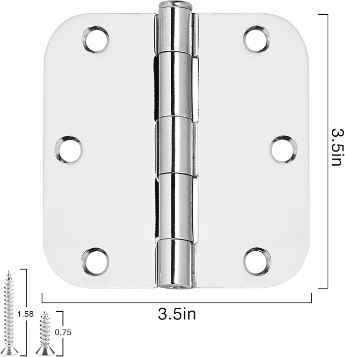 6 Pack Door Hinges 3.5 Inch Rounded Polished Chrome Standard Interior Door Hinges 3 1/2 Inch Residential Stardand RV Home Decor Door Accessories Door Hardware Siliver Hinges 5/8" Radius Hinge Indoor