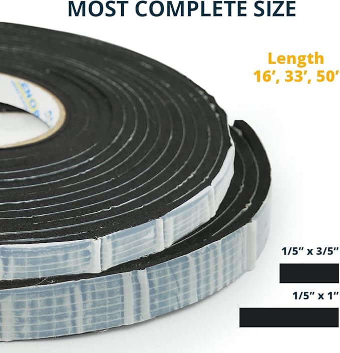 Alenor EPDM Black Foam Insulation Tape Self Adhesive 1/5"x1" x 33' Ft –Pack of 1- Weather Stripping for Doors & Windows,Soundproofing,Door Seal,Weatherstrip,Pipe Cooling,Air Conditioning Seal Strip