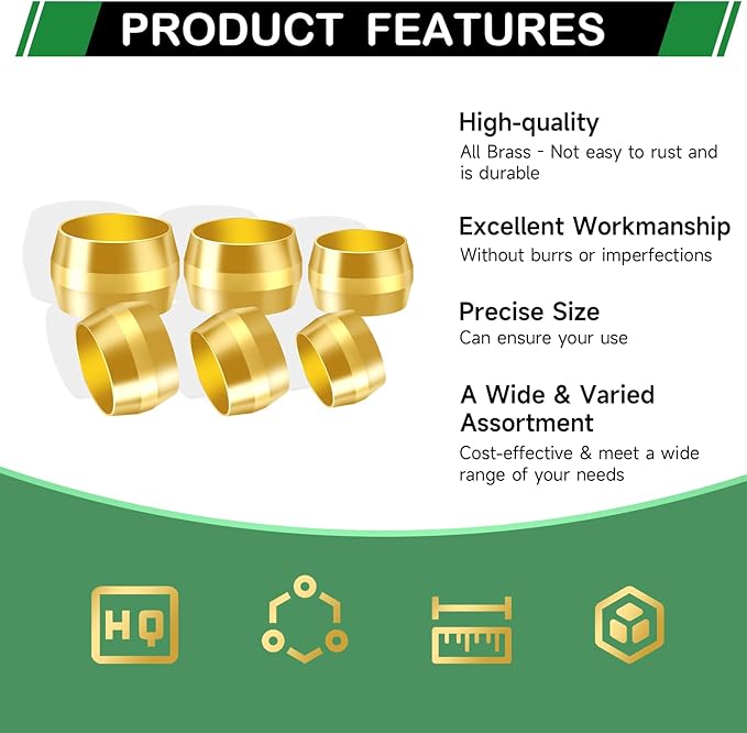 325pcs Brass Compression Sleeves Ferrules Fittings Assortment Kit, 3/4" 5/8" 1/2" 3/8" 5/16" 1/4" 3/16" 1/8" 8 Sizes Air Hose Ferrules Kit of Air Water Fuel Oil Gas Tube Lines