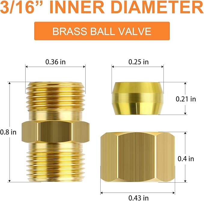 GASHER 10PCS Brass Compression Tube Pipe Fitting Connector, 3/16" Tube OD x 3/16" Tube OD Connector