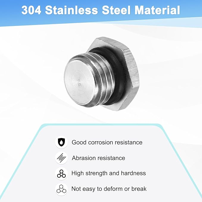 2-Pack Outer Hex Head Thread Pipe Plug Fitting, M12x1.5mm Male 304 Stainless Steel Solid Thread Bung Plug with Sealing Ring for Terminating Pipe Ends