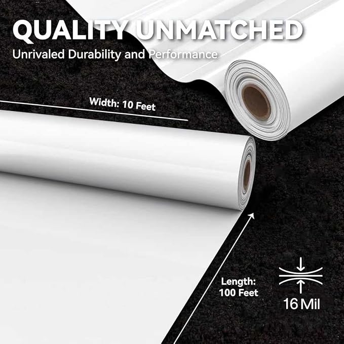 Crawl Space Vapor Barrier, 16 Mil Vapor Barrier, 10'x100', White Plastic Sheeting - Thick Plastic Sheeting, Heavy Duty Polyethylene Film, Drop Cloth Vapor Barrier Covering for Crawl Space, Basement