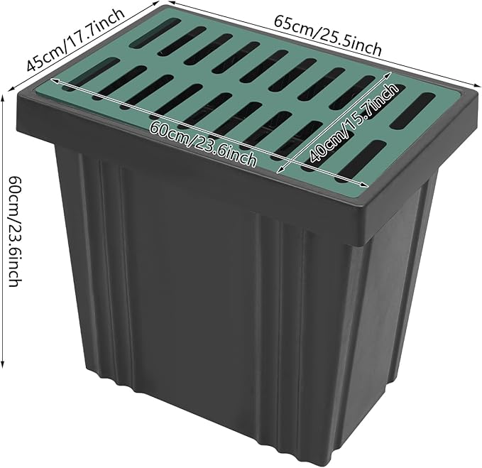 Drainage Catch Basin Kit - 22-Gal Catch Basin with Grate and Debris Basket, Composite Resin Yard Drain for Lawn, Downspout, and Driveway, Easy-Install Drain Box, 25.5 X 17.7 X 23.6in (Black Green)
