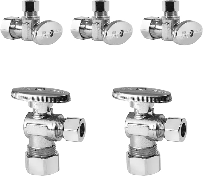 5-Pack Foskan Compression Angle Stop Valve,1/4 Turn Shut Off Valve 1/2" NOM (5/8" OD) x 3/8" OD,Chrome Plated Brass