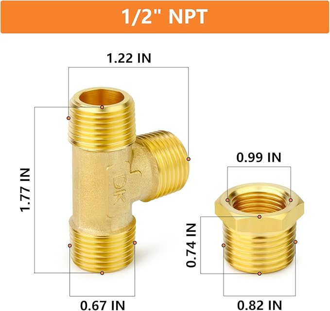 GASHER 2PCS Brass Male Tee Pipe Fitting T Adapter, 3 Way Brass Fitting 1/2" x 1/2" x 1/2" NPT T Fitting