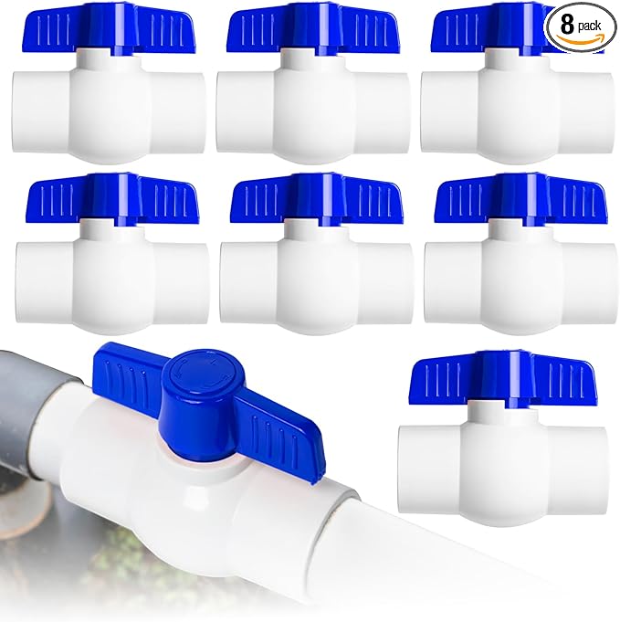 8PCS 3/4" PVC Ball Valve, Shut-Off Ball Valves Socket with Easy Turn Blue T-Handles, Slip PVC Valve for Water Project, Swimming Pool, Sewage Pump, Sprinkler Lines, Outdoor Plumbing & Irrigation System