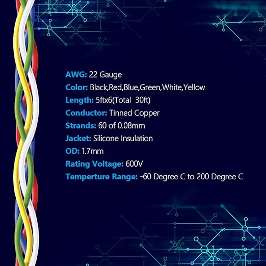 Fermerry 22 AWG Stranded Wire Spool 5ft Each 6 Colors Flexible 22 Gauge Silicone Hook up Wire Kit Electrical Tinned Copper Wire
