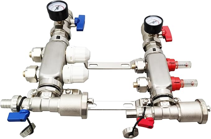 2 Branch PEX Radiant Floor Heating Manifold Set, Floor Heating Water Distributor 1/2" Pipe Adapter 304 Stainless Steel and Brass, for Heating Systems