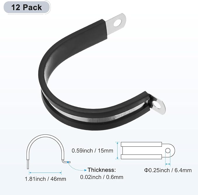 12-Pack Cable Clamps, 1-13/16 Inch/ 46 mm 304 Stainless Steel Rubber Cushioned Insulated Cable Clamp R Shape Metal Holder for Tube/Wire/Pipe/Loop Installation
