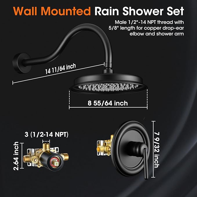 Matte Black Shower System, Shower Faucet Set with Pressure Balance Valve, 9 inch Single-Function Rain Shower Head, Bathroom Shower Valve Trim Kit, High Pressure Shower Fixtures (WT-9817BK)