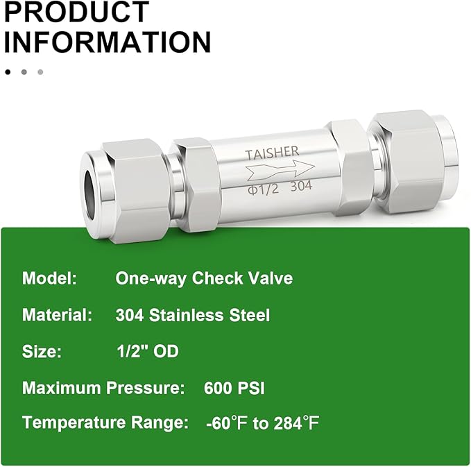 TAISHER 1PCS 304 Stainless Steel 1/2" Tube OD Check Valve,Backflow Prevention,One Way Non-Return Check Valves