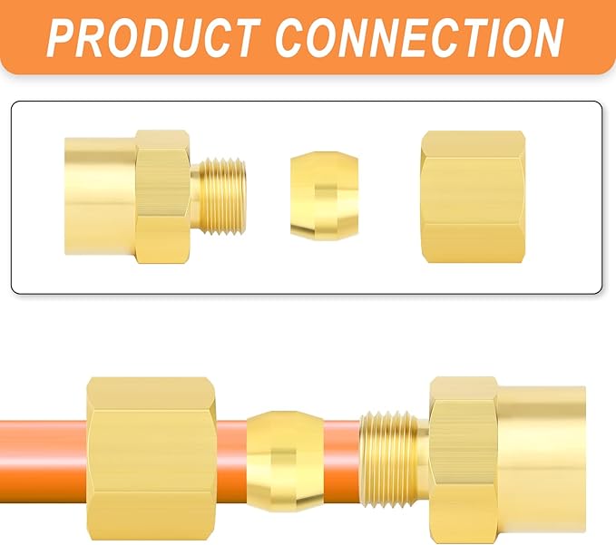 GASHER 10PCS Brass Compression Union Tube Pipe Fitting Connector, 3/8" Tube OD x 1/4" NPT Female Connector