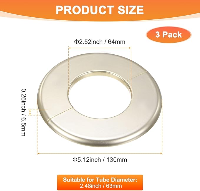 3-Pack Wall Split Flange, ABS Round Self-Adhesive Escutcheon Plate Cover Buckle for 63mm/2.48 in Dia Pipe Accessories/Floor/Ceiling, Plumbing Cover Plates [Gold,6.5mm/0.26in H]