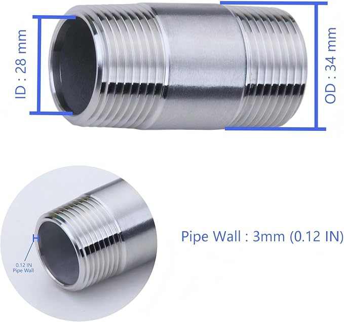 CONSTELLAR 304 Stainless Steel Pipe Fitting - 1" NPT Male x 1" NPT Male Threaded Thickened Pipe Wall, 150mm (6 inch) Length Heavy Nipple Seamless Pipe (1 Pcs)
