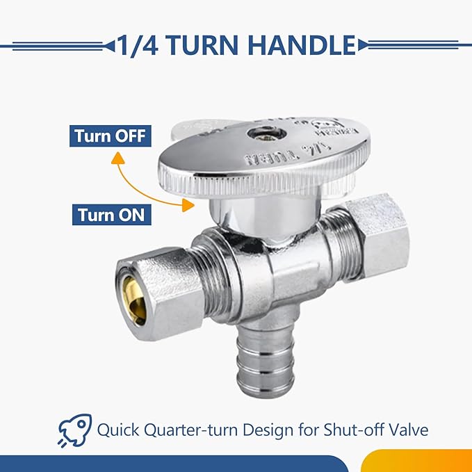 20-Pack GUOFIS PEX Angle Stop Valve with Dual Compression Outlet,1/2" PEX Crimp Inlet x (3/8" x 3/8") Outlet Shut-off Valves(1/4 Turn,Chrome)(VALVE125-20Pack)