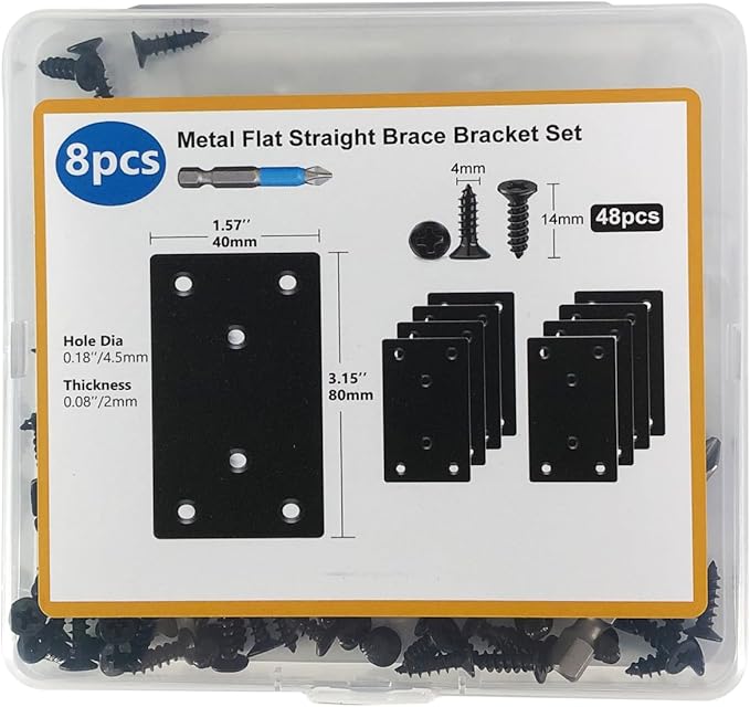 QSJ 8 Pack Black Flat Mending Plate 3.15x1.57'', Stainless Steel Bracket, Straight Metal Brace Bracket, Fixing Joining Plate for Wood Furniture Fastening & Fixing