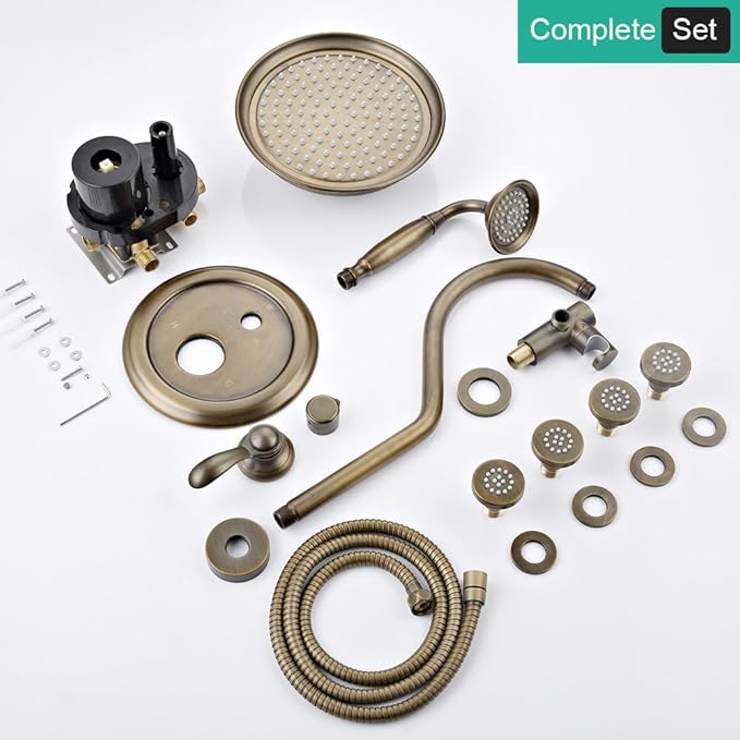 Antique Brass Shower System - Faucets Sets Complete Wall Mounted 9" Rain Head with Handheld Spray and Body Jets Bathroom Fixtures Combo, 3 Way Diverter Rough in Valve Trim Kit