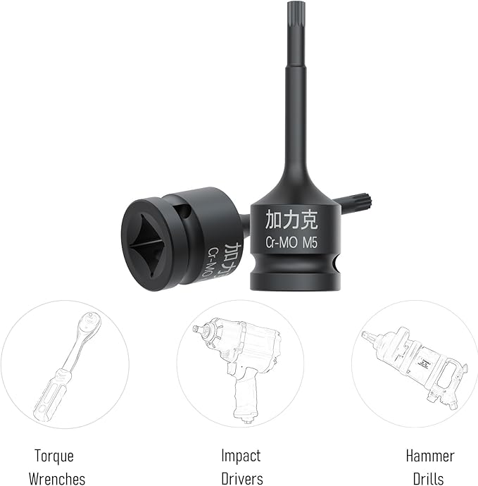 1/2-Inch Drive x M5(5mm） Impact XZN Triple Square Spline Bit Socket, Metric Lengthen Screwdriver Socket Adapter, 3-Inch Length, CR-MO Steel, One-Piece Construction, Black