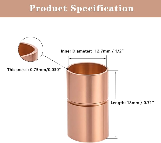 Straight Copper Coupling Fittings, 1/2 Inch Copper Pipe Welding Joint Connector Adapter for HVAC Air Conditioner, Sweat End Pipe Fitting with Rolled Tube Stop, Pack of 6