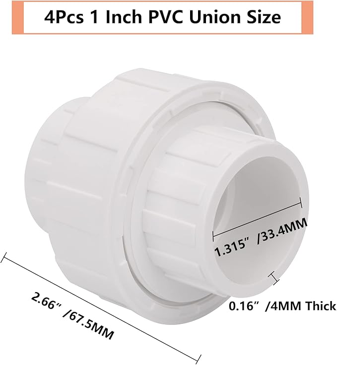 4Pcs 1" PVC Union Coupling Pipe Fitting (Socket x Socket) 1Inch PVC Slip Union PVC Adapter Coupling Schedule 40, EPDM O-Ring, White