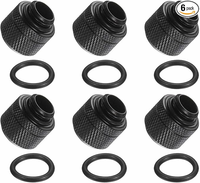 6-Pack G1/4" Thread 3/8 in ID 1/2 in OD Quick Tighten Compression Fitting - Durable Hard Tubing Compression Fitting for Soft Tubing, Computer Water Cooling System, Black