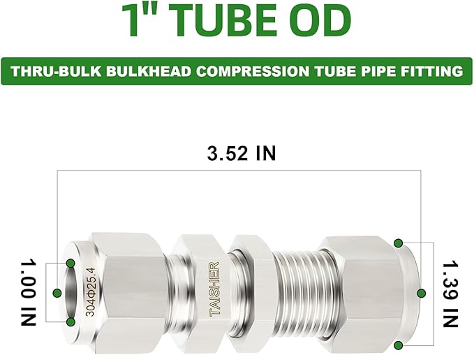 TAISHER 1PCS 304 Stainless Steel Thru-Bulk Bulkhead Compression Tube Pipe Fitting Connector, 1" Tube OD x 1" Tube OD Straight Adapter