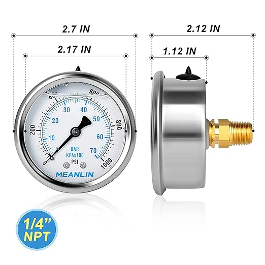 MEANLIN MEASURE 0~1000Psi Stainless Steel 1/4" NPT 2.5" FACE DIAL Liquid Filled Pressure Gauge WOG Water Oil Air,Center Back Mount, with 1/2" NPT and 3/8" NPT Hex Bushing