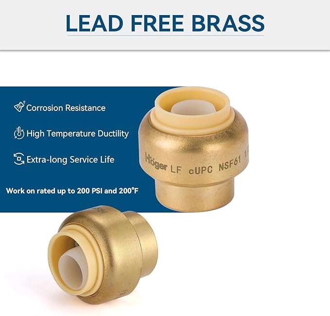 3/4 Inch Push End Cap,6 Pack PEX Brass Push-fit End Cap Plug with 1 Pack Discount Clip, Push-to-Connect Plumbing Fittings for Copper, PEX Pipe, CPVC