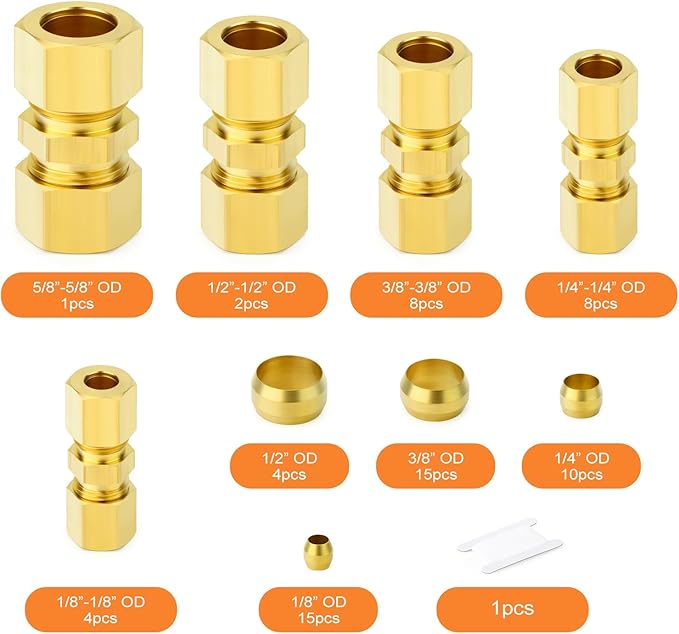 GASHER 67pcs Brass Compression Tube Pipe Fittings Assortment Kit, 1/8"1/4"3/8"1/2"5/8" Tube OD Compression Tube Pipe Fitting Connector&Sleeve Ferrules