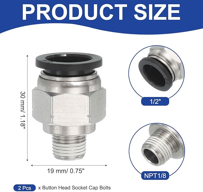 MECCANIXITY 2 Pcs NPT Push to Connect Air Fittings, Male Straight 1/2" Tube OD x 1/8" NPT Thread Air Quick Connector Coupling Adapter for Gas Hose Pneumatic Tools, Black