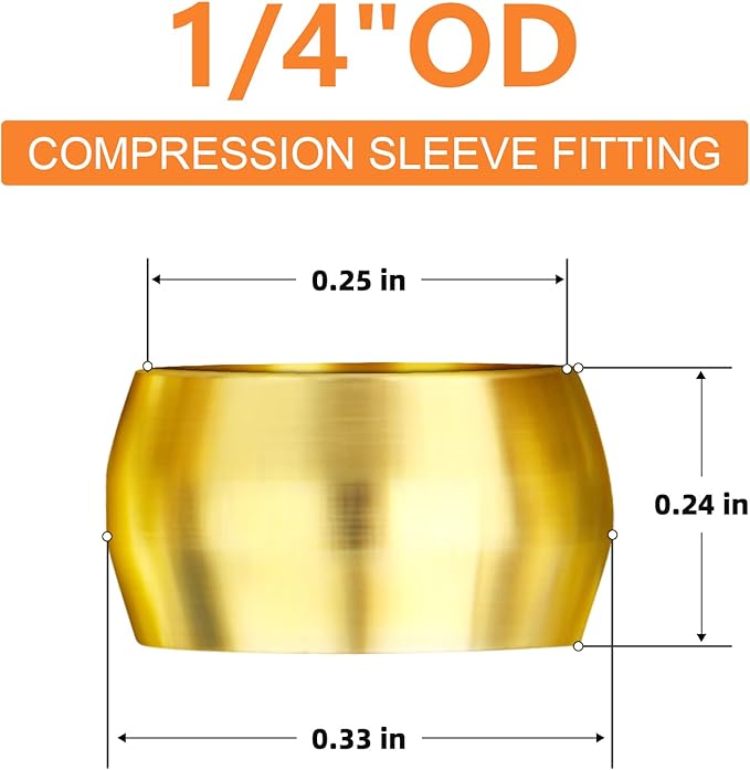 GASHER 100PCS Brass Compression Fitting, Brass Compression Sleeve Ferrules 1/4" Tube OD
