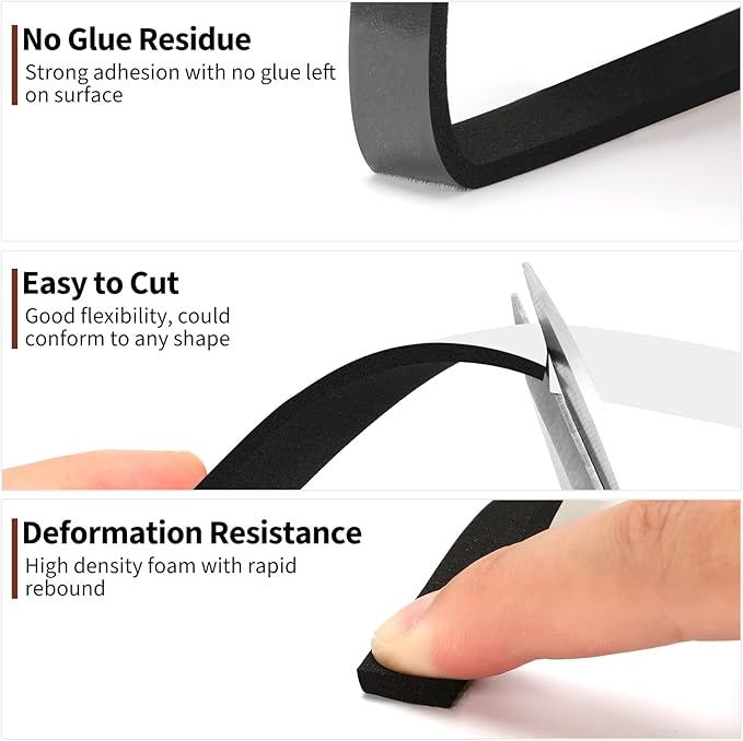 Yotache Adhesive Foam Tape 1/2" x1/8", Insulation Soundproofing Neoprene Rubber Door Weather Stripping, 3 x 16.5 Feet Each, Total 50 Feet Long