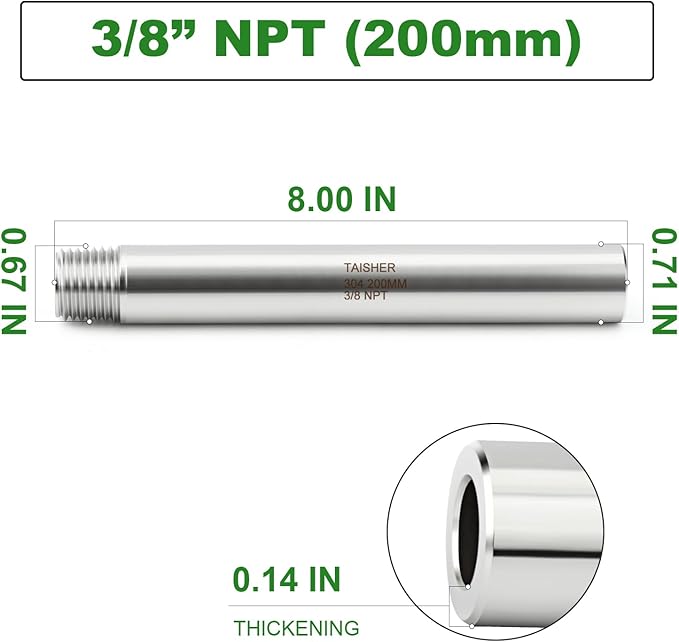 TAISHER 2PCS 304 Stainless Steel Pipe Fittings, 3/8" NPT Male Threaded, 8" Length Weld Nipple Cast Pipe