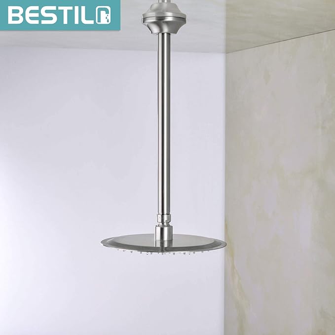 BESTILL 12 Inch Ceiling Mount Rain Shower Head Arm and Flange, Brushed Nickel
