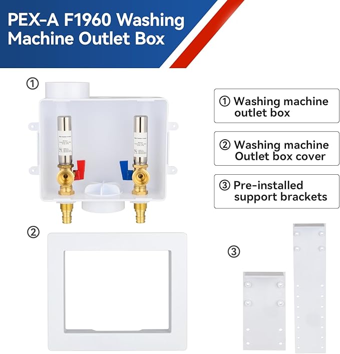 Washing Machine Outlet Box with Water Hammer Arrestor,1/2 Inch PEX A Expansion F1960 Inlet Connection,3/4 Inch MHT Outlet Male Thread Connection, Washing Box with 1/4-Turn Ball Valves