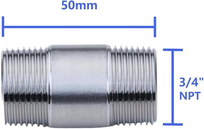 CONSTELLAR 304 Stainless Steel Pipe Fitting - 3/4" NPT Male x 3/4" NPT Male Threaded Thickened Pipe Wall, 50mm (2 inch) Length Heavy Nipple Seamless Pipe (1 Pcs)