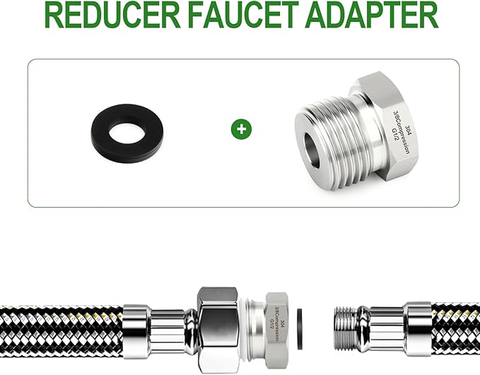 TAISHER 2PCS 304 Stainless Steel Reducer Water Hose Adapter 1/2" G Thread (BSP) × 3/8" Compression Pipe Fitting for kitchen bathroom faucet supply line adapter with rubber gasket