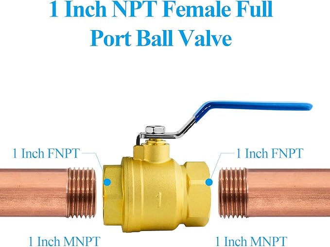 WiseWater 1" NPT Full Port Brass Ball Valve, with 1/4 Turn Blue Handle, 600 WOG, Plumbing Fitting, UPC Certified, 2 Pcs