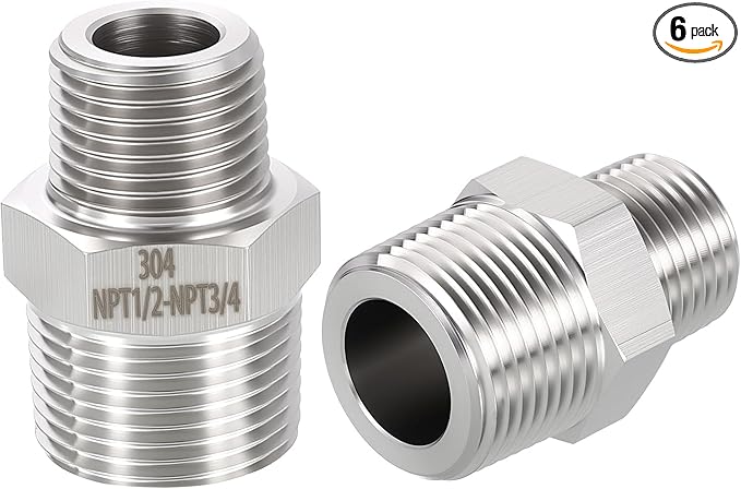 6 Pack 304 Stainless Steel Male to Male Adapter, 3/4" Male NPT x 1/2" Male NPT Hex Nipple Pipe Extension Fitting for Industrial, Automotive, Fluid Transfer, Home Gardening, Water