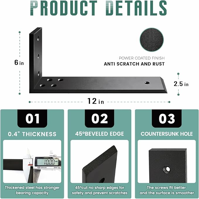 Countertop Support Brackets 2 Pack L Bracket Countertop Brackets 12" x 6" x 2.5" Heavy Duty 3/8" Thick Shelf Brackets Metal Corbels L Shape Bracket for Wood Shelf/Quartz/Granite/Concret Countertops