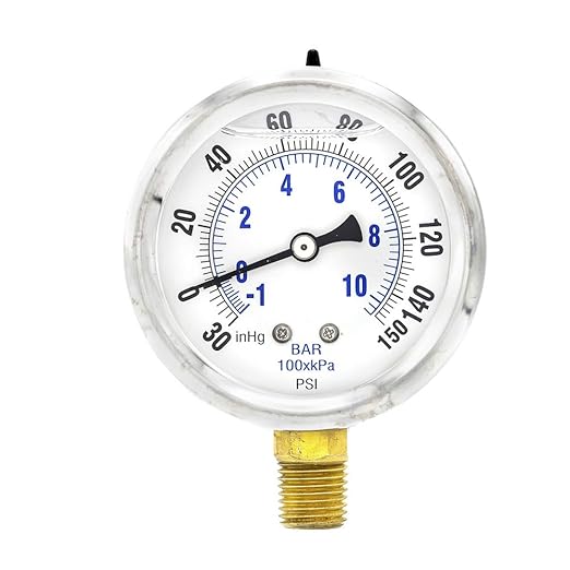 PIC Gauge PRO-201L-254CF Glycerin Filled Industrial Bottom Mount Pressure Gauge with Stainless Steel Case, Brass Internals, Plastic Lens, 2-1/2" Dial Size, 1/4" Male NPT, 30/0/150 psi
