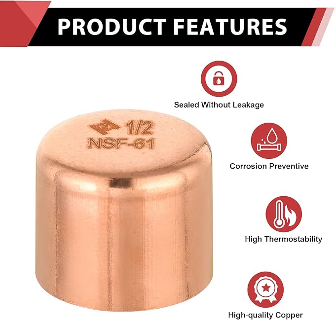 Pro 50 Pack EFIELD 1/2-inch Solder Copper Pipe End Cap (Plug), LF Copper Plumbing Fittings with Sweat Solder Connection,(COPPER020)