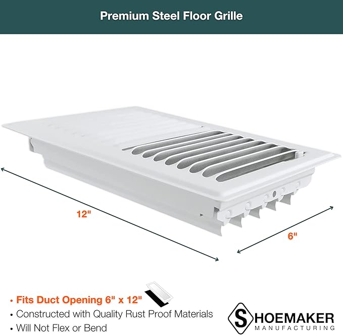 Shoemaker 6x12 Floor Register – Soft White Heavy Duty Metal Floor Vent Cover for Home Floors - Premium Forced Air Vent Covers