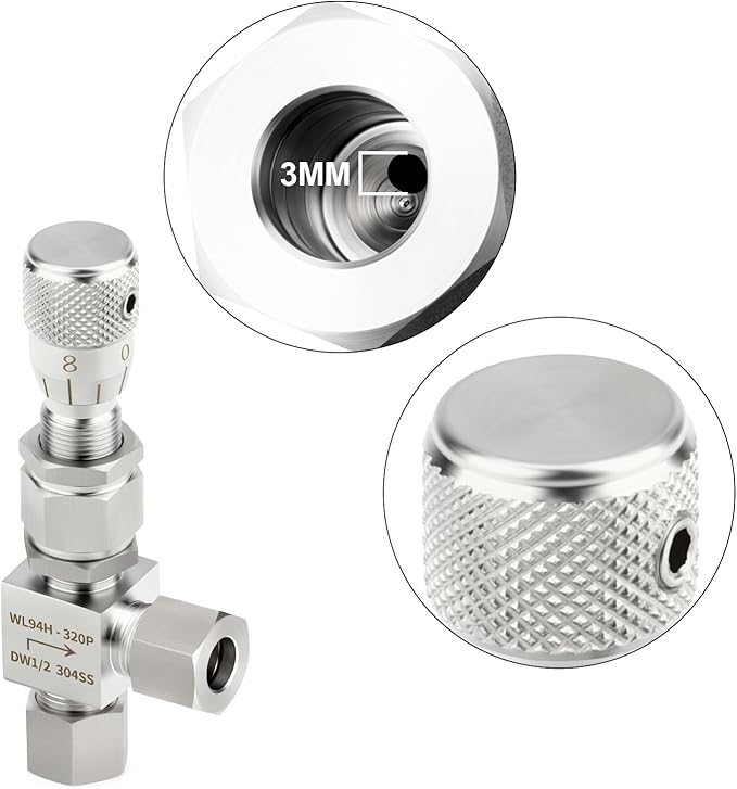 TAISHER 1PCS 304 Stainless Steel Reduce Port 3mm 90 Degree Elbow Needle Valve 1/2" OD，Accurate Dials For Micro Flow Control Instrument Gauge Water Gas Oil