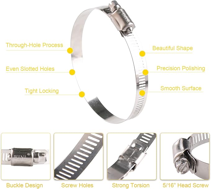 WINL Stainless Steel 4 Inch Hose Clamps- 8PK SAE 72 Worm Gear Drive Hose Clamps 3 Inch-5 Inch (76-127mm) for Automotive Plumbing, 3 1/2’, 3.5'', 3 3/4’’, 4'', 4 1/2’’, 4.5'', 4 3/4''