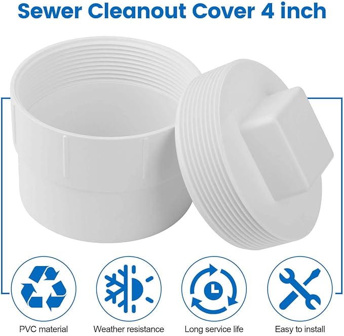 4" PVC Sewer Cleanout Adapter with Plug Pipe Fitting, PVC DWV Flush Sewer Cleanout Cap for Outdoor Garden, RVs Sewer or Drainage Piping Connect System